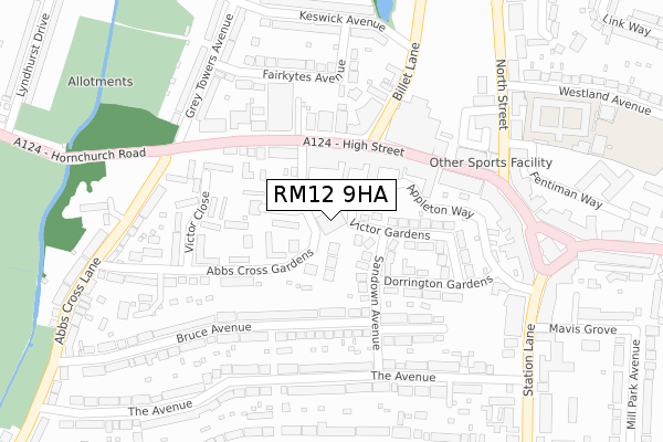 RM12 9HA map - large scale - OS Open Zoomstack (Ordnance Survey)