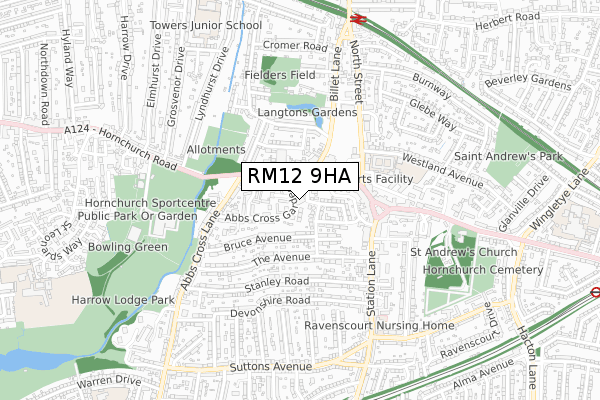 RM12 9HA map - small scale - OS Open Zoomstack (Ordnance Survey)