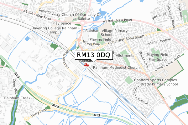 RM13 0DQ map - small scale - OS Open Zoomstack (Ordnance Survey)