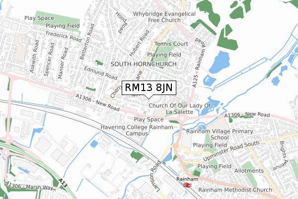 RM13 8JN map - small scale - OS Open Zoomstack (Ordnance Survey)