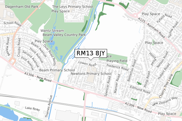 RM13 8JY map - small scale - OS Open Zoomstack (Ordnance Survey)