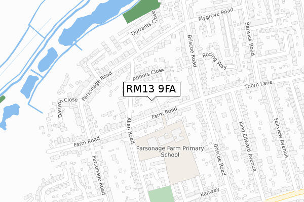 RM13 9FA map - large scale - OS Open Zoomstack (Ordnance Survey)