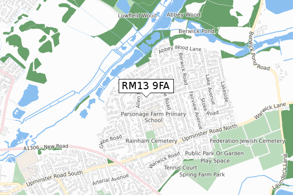 RM13 9FA map - small scale - OS Open Zoomstack (Ordnance Survey)