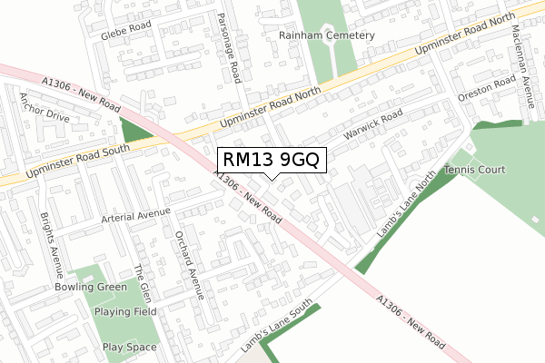 RM13 9GQ map - large scale - OS Open Zoomstack (Ordnance Survey)