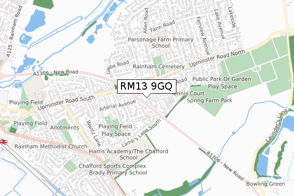 RM13 9GQ map - small scale - OS Open Zoomstack (Ordnance Survey)