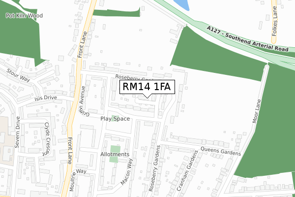 RM14 1FA map - large scale - OS Open Zoomstack (Ordnance Survey)