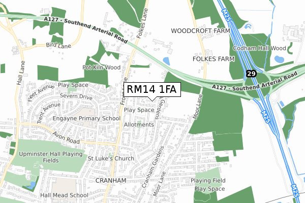 RM14 1FA map - small scale - OS Open Zoomstack (Ordnance Survey)