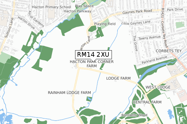 RM14 2XU map - small scale - OS Open Zoomstack (Ordnance Survey)