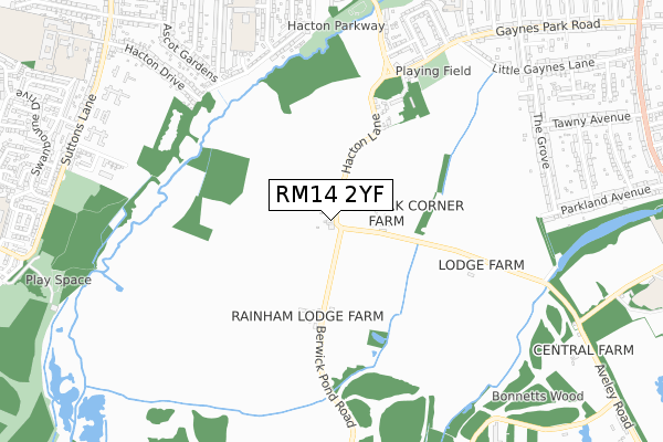 RM14 2YF map - small scale - OS Open Zoomstack (Ordnance Survey)