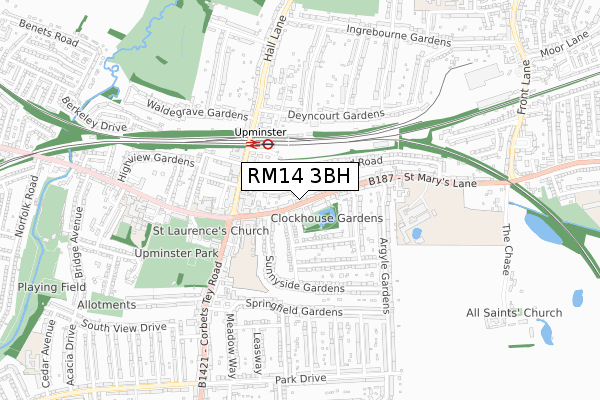 RM14 3BH map - small scale - OS Open Zoomstack (Ordnance Survey)