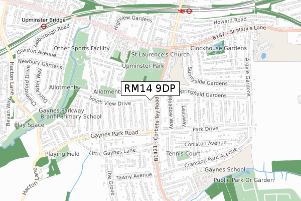 RM14 9DP map - small scale - OS Open Zoomstack (Ordnance Survey)