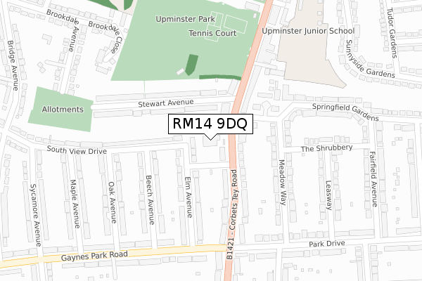 RM14 9DQ map - large scale - OS Open Zoomstack (Ordnance Survey)