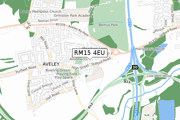 RM15 4EU map - small scale - OS Open Zoomstack (Ordnance Survey)