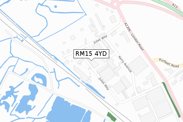 RM15 4YD map - large scale - OS Open Zoomstack (Ordnance Survey)