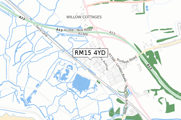 RM15 4YD map - small scale - OS Open Zoomstack (Ordnance Survey)