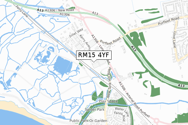 RM15 4YF map - small scale - OS Open Zoomstack (Ordnance Survey)