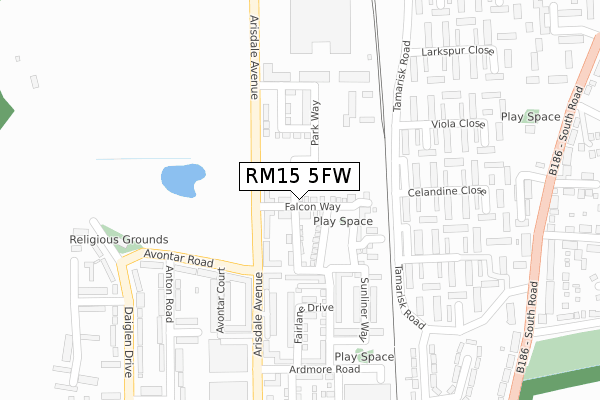 RM15 5FW map - large scale - OS Open Zoomstack (Ordnance Survey)