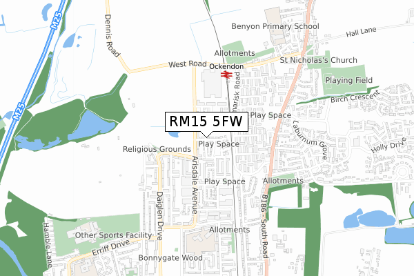 RM15 5FW map - small scale - OS Open Zoomstack (Ordnance Survey)