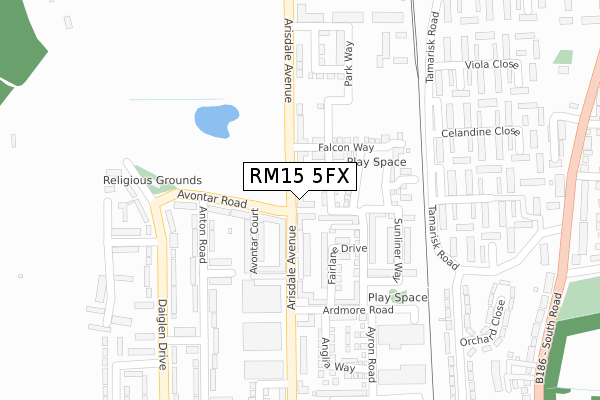 RM15 5FX map - large scale - OS Open Zoomstack (Ordnance Survey)