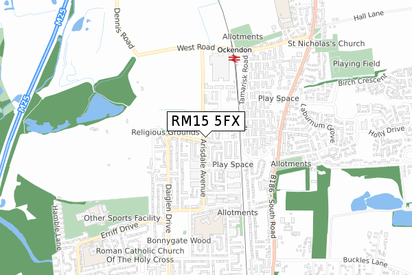 RM15 5FX map - small scale - OS Open Zoomstack (Ordnance Survey)