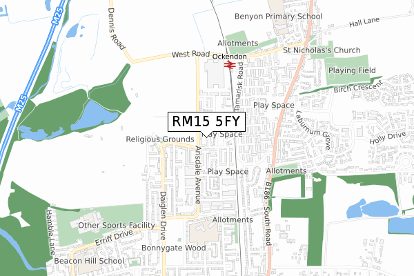 RM15 5FY map - small scale - OS Open Zoomstack (Ordnance Survey)