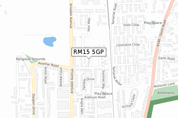 RM15 5GP map - large scale - OS Open Zoomstack (Ordnance Survey)