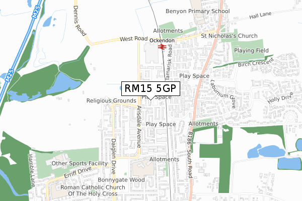 RM15 5GP map - small scale - OS Open Zoomstack (Ordnance Survey)