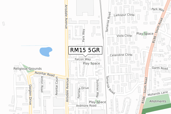 RM15 5GR map - large scale - OS Open Zoomstack (Ordnance Survey)