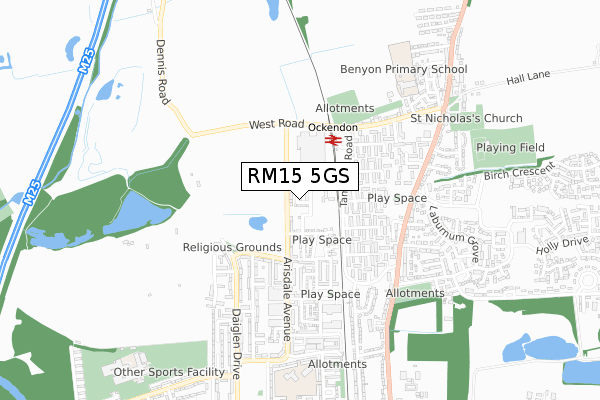 RM15 5GS map - small scale - OS Open Zoomstack (Ordnance Survey)