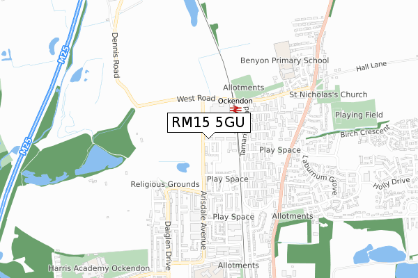 RM15 5GU map - small scale - OS Open Zoomstack (Ordnance Survey)