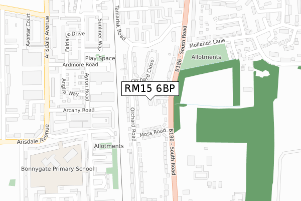 RM15 6BP map - large scale - OS Open Zoomstack (Ordnance Survey)