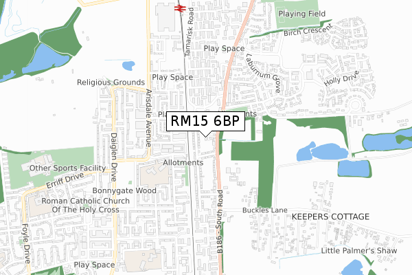 RM15 6BP map - small scale - OS Open Zoomstack (Ordnance Survey)