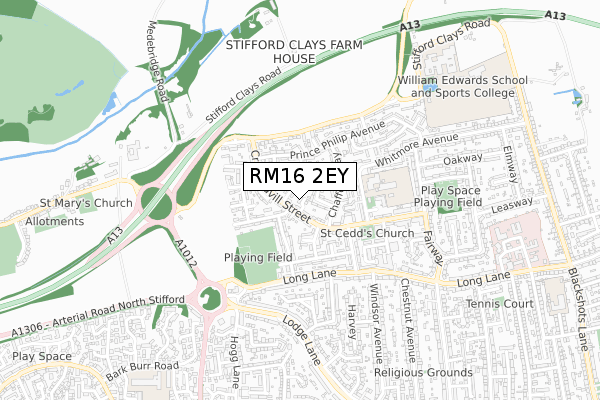 RM16 2EY map - small scale - OS Open Zoomstack (Ordnance Survey)