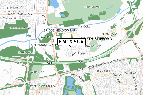 RM16 5UA map - small scale - OS Open Zoomstack (Ordnance Survey)