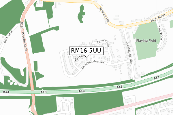 RM16 5UU map - large scale - OS Open Zoomstack (Ordnance Survey)