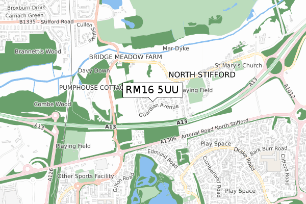 RM16 5UU map - small scale - OS Open Zoomstack (Ordnance Survey)