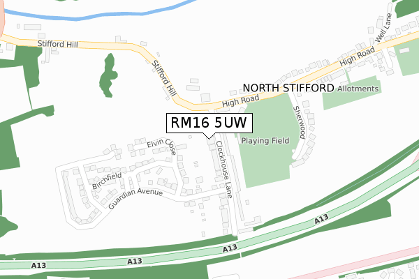 RM16 5UW map - large scale - OS Open Zoomstack (Ordnance Survey)