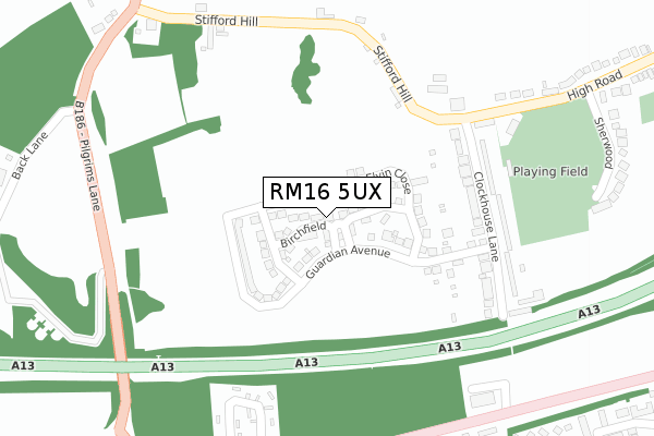 RM16 5UX map - large scale - OS Open Zoomstack (Ordnance Survey)