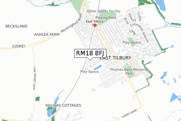 RM18 8FJ map - small scale - OS Open Zoomstack (Ordnance Survey)