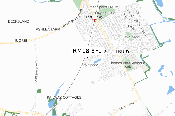 RM18 8FL map - small scale - OS Open Zoomstack (Ordnance Survey)