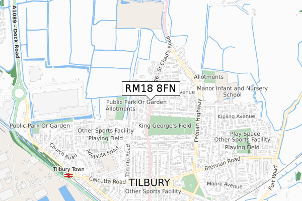 RM18 8FN map - small scale - OS Open Zoomstack (Ordnance Survey)