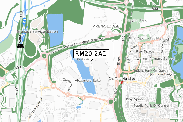 RM20 2AD map - small scale - OS Open Zoomstack (Ordnance Survey)