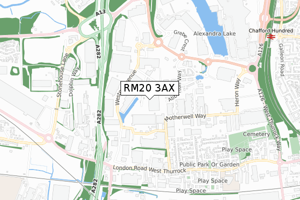 RM20 3AX map - small scale - OS Open Zoomstack (Ordnance Survey)