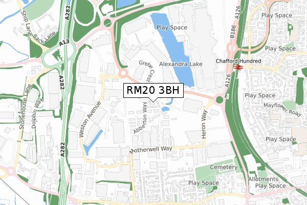 RM20 3BH map - small scale - OS Open Zoomstack (Ordnance Survey)