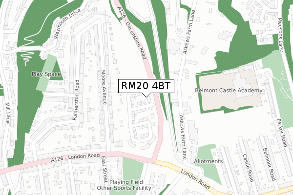 RM20 4BT map - large scale - OS Open Zoomstack (Ordnance Survey)