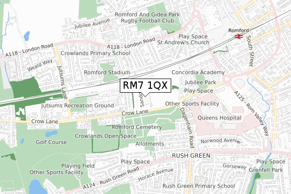 RM7 1QX map - small scale - OS Open Zoomstack (Ordnance Survey)