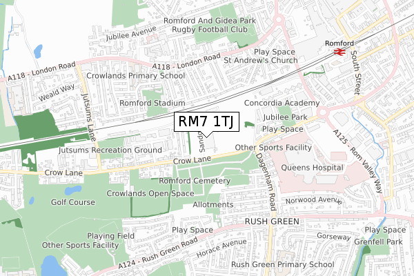 RM7 1TJ map - small scale - OS Open Zoomstack (Ordnance Survey)