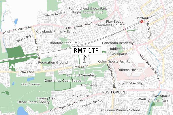 RM7 1TP map - small scale - OS Open Zoomstack (Ordnance Survey)