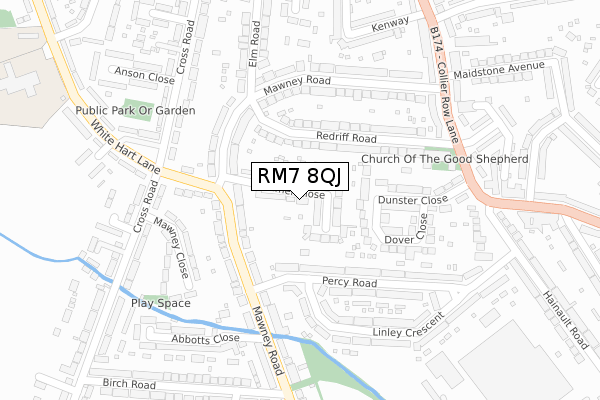 RM7 8QJ map - large scale - OS Open Zoomstack (Ordnance Survey)