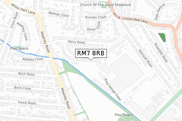 RM7 8RB map - large scale - OS Open Zoomstack (Ordnance Survey)